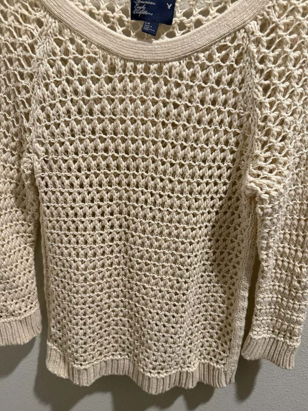 American Eagle Outfitters Cream Open Knit Crochet Fisherman Pullover Sweater - Picture 2 of 11